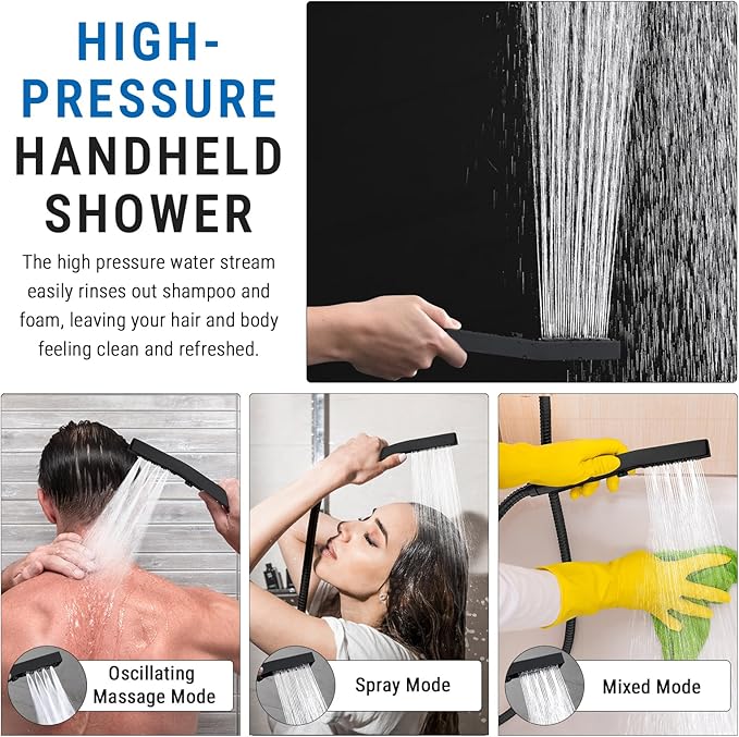 G-Promise All Metal 10 Inch Shower Head with Massage Mode Handheld, Rain Shower Head with Handheld Spray Combo, 3-Way Diverter with Pause Setting, 11 Inch Adjustable Extension Arm (Matte Black)