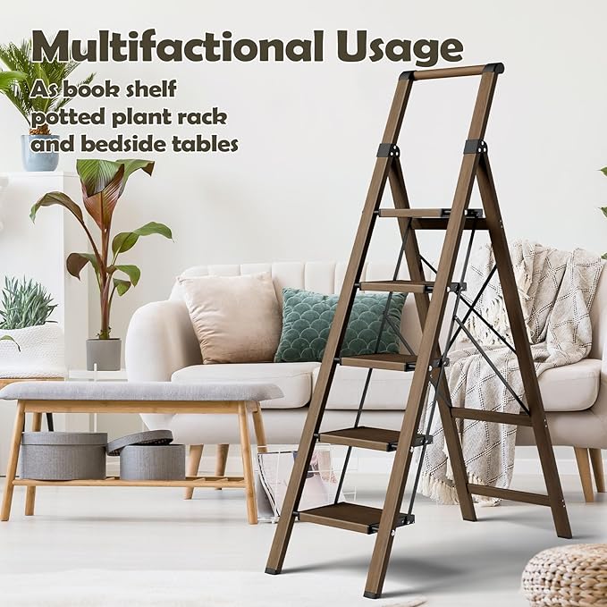 Taranta 5 Step Ladder, Portable Folding Ladder with Wide Pedal, Lightweight Aluminum Step Stool with Convenient Handgrip, 330 lbs Capacity Stepladder for Home, Office - Walnut