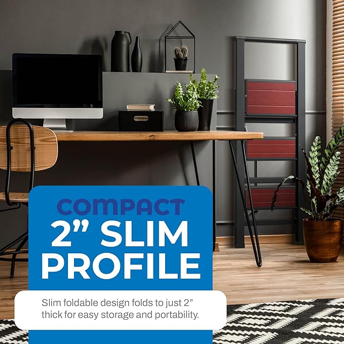 Step Ladder 3 Step Folding, Decorative - Beautiful Mahogany & Black Aluminum, Ultra Slim Profile, Anti Slip Steps, Sturdy-Portable for Home, Office, Kitchen, Photography Use,by SORFEY