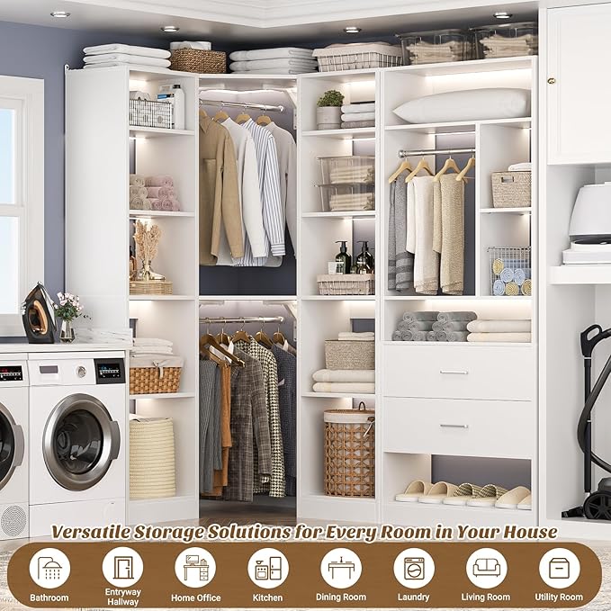 Corner Closet System with 2 Sets, 63.2" Corner Closet Organizer System with 2 Drawers + 18 Shelves + 3 Hanging Rods, Reversible L Shaped Walk-in Closets, White (63.2" L x 39.2" W x 80" H)