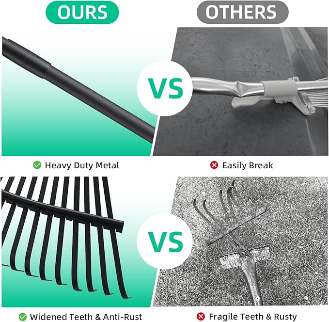 Rake for Leaves Heavy Duty Metal Garden Tools with 64.1 Inch Adjustable Steel Handle 25 Tines Leaf Rakes for Lawns Flower Bed Shrub Camping, Black