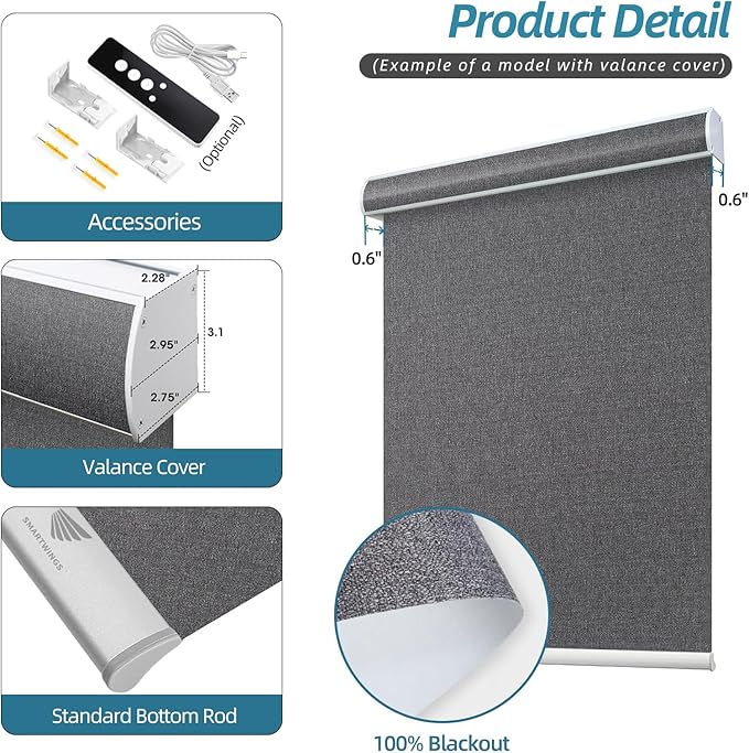 SmartWings Motorized Smart Blinds with Remote, Custom Automatic 100% Blackout Roller Shade Compatible with Alexa/Homekit/Google, Electric Smart Blinds for Indoor Windows, Eclipse Anchor Grey