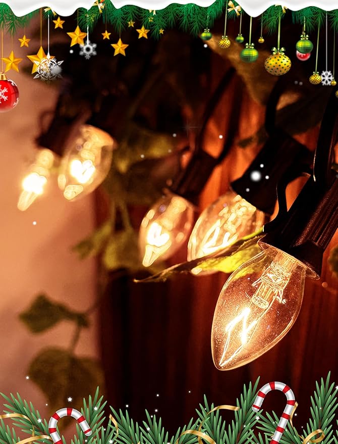 50 Pack C7 Christmas Replacement Bulbs, 5W Incandescent Clear Lights for Outdoor String Lights, Christmas Night Light bulbs for Porch, Patio, Garden, Party, Wedding Decor, E12 Intermediate Base