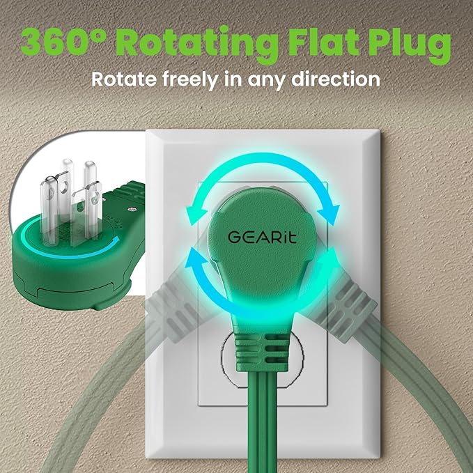GEARit 360 Rotating Flat Plug Extension Cord with 3 Outlets (10ft, Green) 16AWG/13A 3 Prong Wire, Outlet Saver for Home Office Dorm Room Essentials, ETL Certified