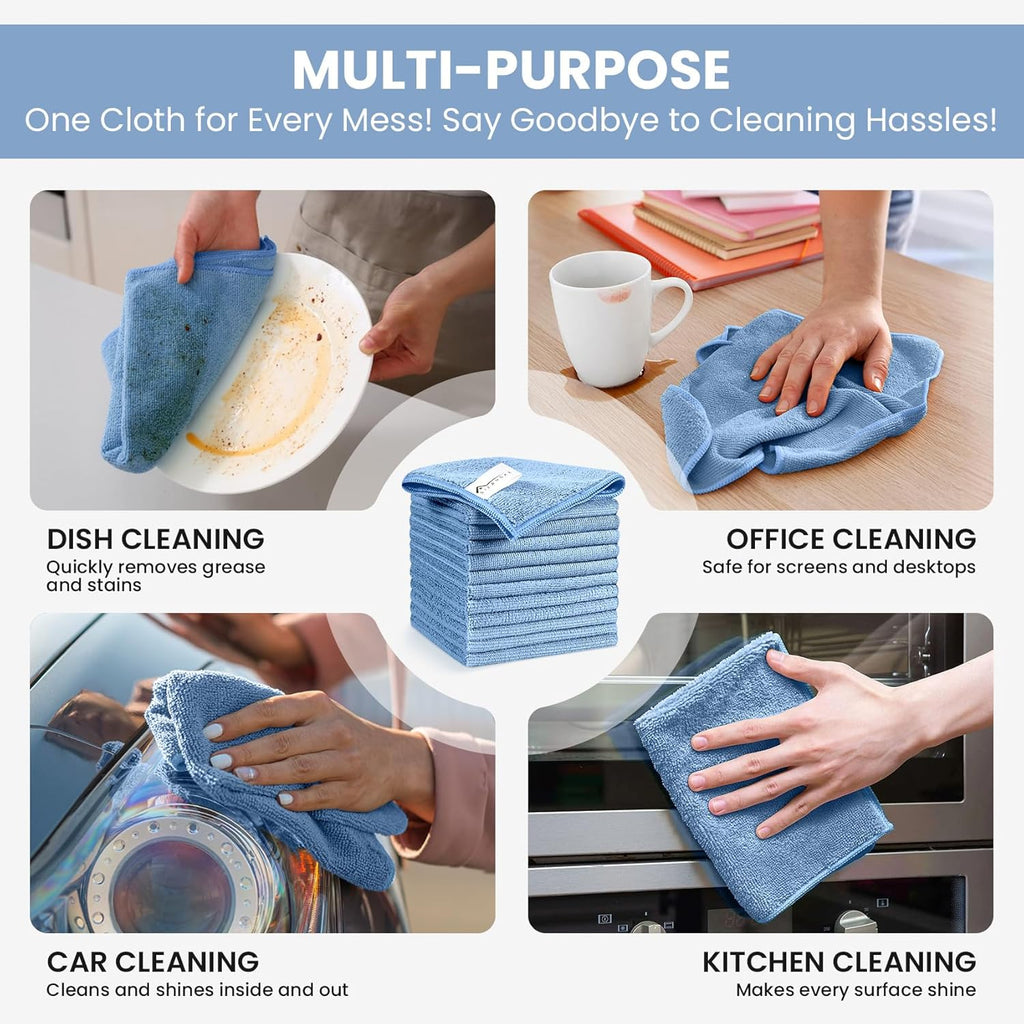 Microfiber Cleaning Cloth, 12 Pack Blue Cleaning Rags for Housekeeping, Reusable Microfiber Towels for Car, Kitchen, Bathroom and Household Cleaning Supplies, 11.8"X11.8"