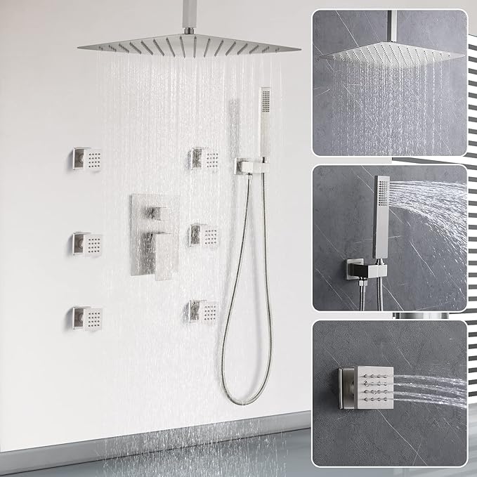Enga Shower System with Body Jets 12 Inch Ceiling Mounted Rain Shower and Handheld Sprays Brass Full Body Massage Spa Jets Contain Rough-in Shower Valve, Brushed Nickel