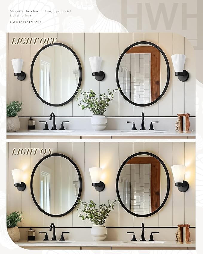 Bathroom Wall Sconce Set of Two, HWH Wall Vanity Light with Frosted White Striped Shade, Industrial Wall Lamp Matte Black for Bathroom Doorway, 5HZG97B-2PK BK