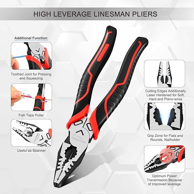 HAUTMEC 9" Linesman Pliers High Leverage Combination Pliers Multifunctional Heavy Duty Lineman Tools HT0271-PL