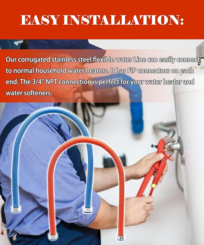 36 inch Flexible Stainless Steel Corrugated Water Heater Connector,3/4" FIP x 3/4" FIP Water Heater Supply Lines Fit For Water Softener Hot &Cold Water Hose