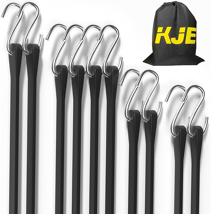 KJE 10Pack (10'', 15", 21", 31") Rubber Bungee Cords with S Hooks - Heavy Duty Black Bungee Straps, EPDM - Load 180 lbs, Outdoor Tie Downs, Securing Tarps & Canvases & Cargo in Cold Hot Climates