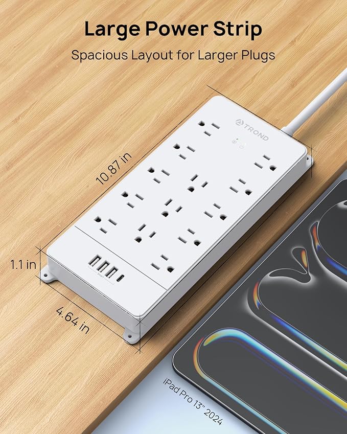 TROND Surge Protector Power Strip 10 ft Cord - Long Extension Cord, 4000J, 13 Widely Outlets with USB C Ports, Flat Plug, Wall Mount, 1875W, Home Gaming Dorm Room Essentials, ETL Listed, White