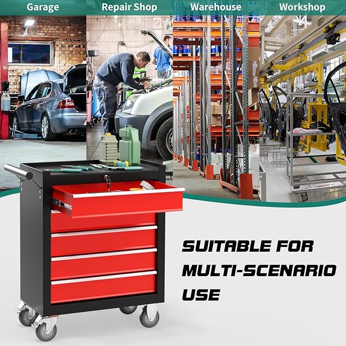 5-Drawer Rolling Tool Chest Toolbox, Rolling Tool Box with Wheels, Tool Chest with Keyed Locking System and Drawer Liners, Tool Box Organizer for Garage, Warehouse, Workshop(BlackRed)