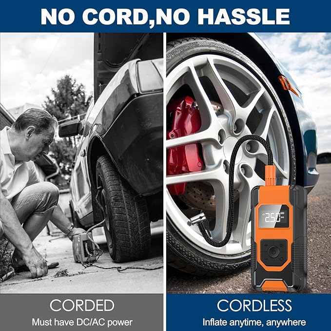 Portable Tire Inflator Air Compressor, 160PSI Rechargeable Cordless Air Pump for Car Tires with Digital LCD Display, 4X Faster Tire Inflation Electric Bike Pump Tire Pump for Car, Motorcycle, Truck
