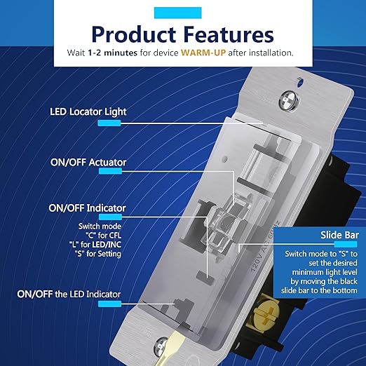 LIDER Dimmer Paddle Switch for Dimmable 300W LED/CFL Lights, 1-Pole or 3-Way, 120 V, Modern Upgrade, UL Listed, Screwless Wall Plate Included, Silver