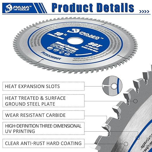 10-Inch 80-Tooth Circular Saw Blade,TCT ATB Framing Blade,30mm Bore (16, 20,25 and 25.4mm Reduction Rings Included) for Table Saws