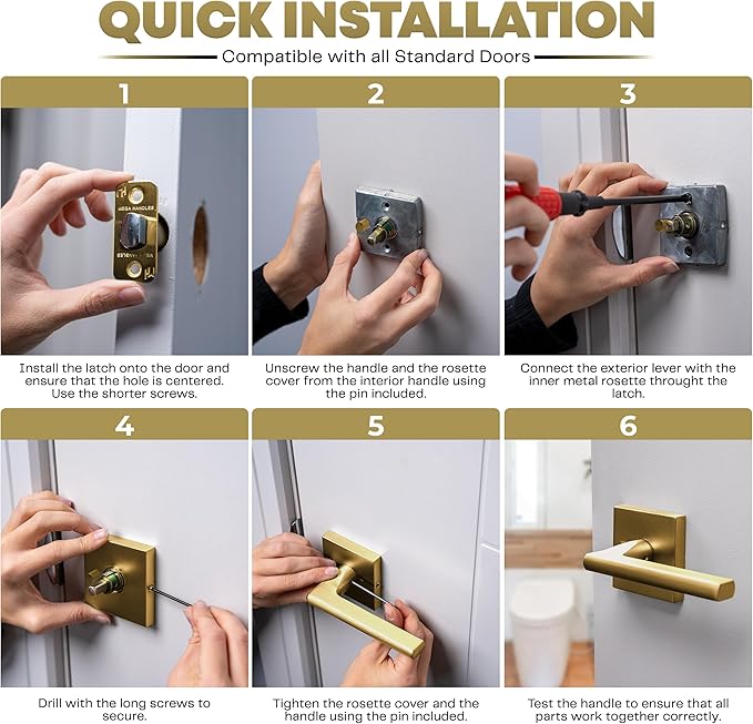 Mega Handles Prime Privacy Lever Door Handle for Hallway, Closet and Bathroom, Keyless Reversible Design Door Levers, Fits All Standard Door Sizes, Covered Screws Included - Satin Brass (1 Pack), 5"