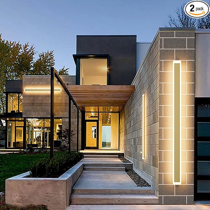 Outdoor Lights 2 Pack,Modern Outdoor Wall Light Fixture Long Strip LED Wall Sconce IP65 Anti Rust Warm Light 3000K Gold Exterior Wall Mount Lights for Entrance, Hallway, Garage, Porch