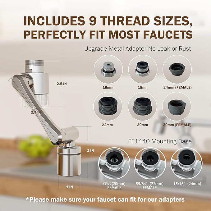 Frizzlife Water Filter for Sink Faucet Extender, 1440° Rotating Swivel Aerator Reduce 99% Chlorine, 3 Modes Spray Brass Attachment for kitchen/Bathroom/Toddlers, 8pcs Replacement Filter