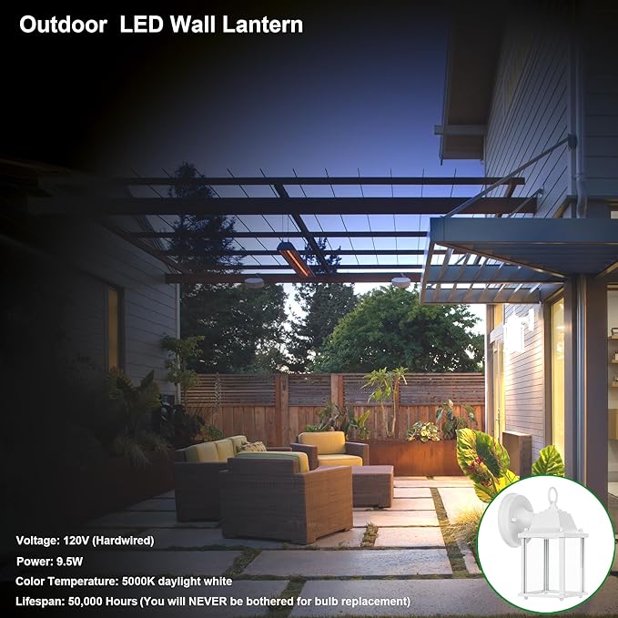 LIT-PaTH Outdoor LED Wall Lantern, Wall Sconce as Porch Light, 9.5W 800 Lumen, Aluminum Housing Plus Glass, 5000k-Matte White Finish, 1-Pack