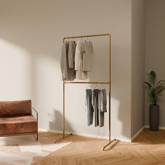 pamo Gold Clothing Rack – 38.98" W x 76.38" H – Industrial Pipe Metal Garment Organizer for Bedroom or Retail – Heavy-Duty Clothes Rack – Easy Assembly