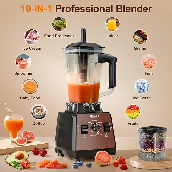 Blender for Smoothies,PRASKY 1000W Blenders for Kitchen,25,000 RPM Powerful Blender 68oz BPA-Free Juicer and Grinder with To-Go Gym Bottle,Countertop Blenders for Ice Crushing,Shakes,Fruits (Brown)