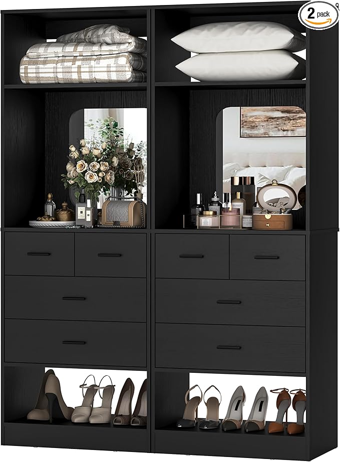 Unikito 50 Inch Closet System with Drawers, 4FT Sturdy Closets Organizer with Storage Shelves and Mirror Design, Freestanding Wood Walk in Closet Towers, Easy Assembly, Max Load 1000 LBS, Black