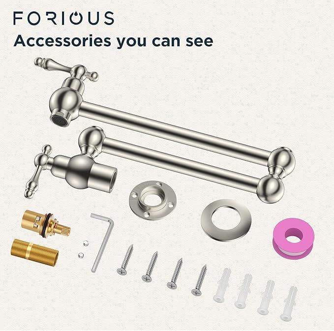 FORIOUS Pot Filler Faucet Brushed Nickel, Folding Stretchable Solid Brass Wall Mount Commercial Traditional Faucet Over Stove with Antique Double Joint Swing Arm for Kitchen Restaurant Vintage