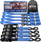 MOCA Blue Heavy Duty Ratchet Tie Down Straps - 5200 Lbs Breaking Strength 1.6" x 8', Includes 4 Heavy Duty Ratchet Padded Handles & Coated Chromoly S Hooks & 4 Soft Loop Tie-Downs