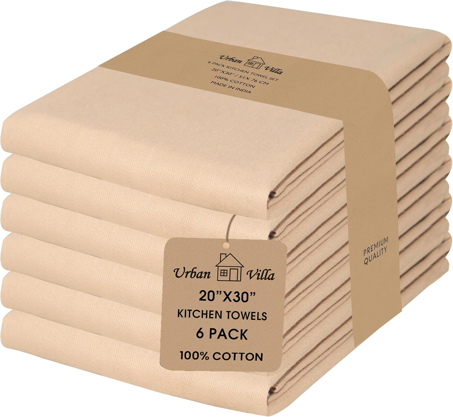 Urban Villa Kitchen Towels Set of 6 Premium Quality 100% Cotton Solid Kitchen Towels Ultra Soft Size 20X30 Inches Beige Color Kitchen Towel Highly Absorbent Kitchen Towels