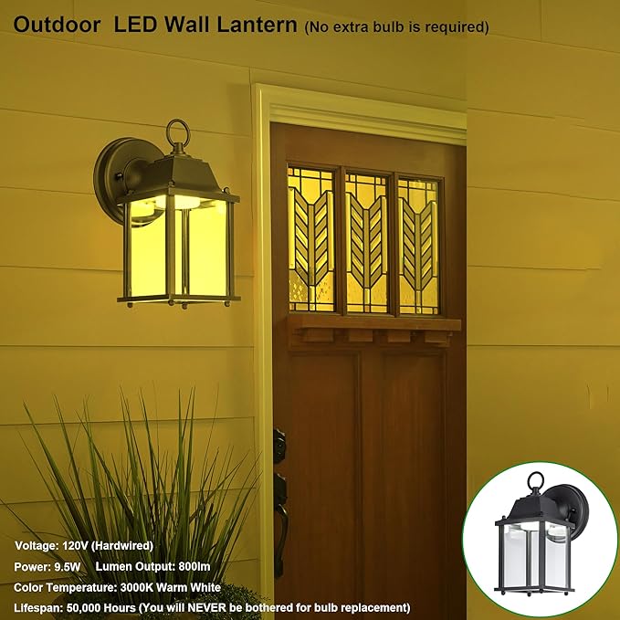 LIT-PaTH Outdoor LED Wall Lantern, Wall Sconce Exterior Porch Lighting Fixture, 3000K Warm White, 9.5W 800 Lumen, Aluminum Housing Plus Glass, Black Finish, 2-Pack