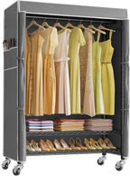 VIPEK R3C Plus Garment Rack Rolling Clothes Racks with Locking Wheels, Heavy Duty Clothing Rack Portable Closet with Adjustable Shelves & Side Hooks, Black Rack with Grey Upgraded Polyester Cover