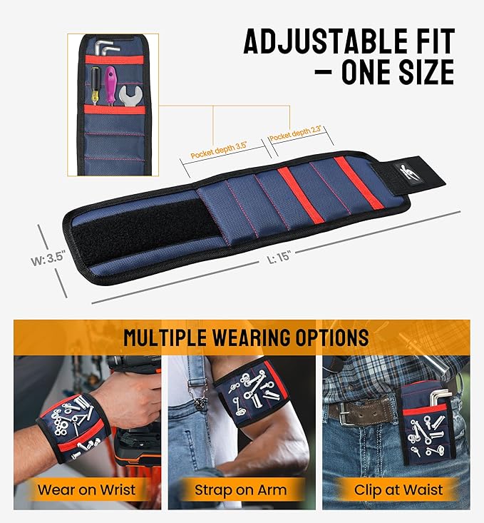 HiRui Magnetic Wristband for Tools – Ultra-Strong 15 Neodymium Magnets Hold Screws, Nails & Bits, Dual Pockets – Hands‑Free for DIY, Home Repairs, Auto – Gift‑Ready for Dad, Husband, Grandpa (Blue)