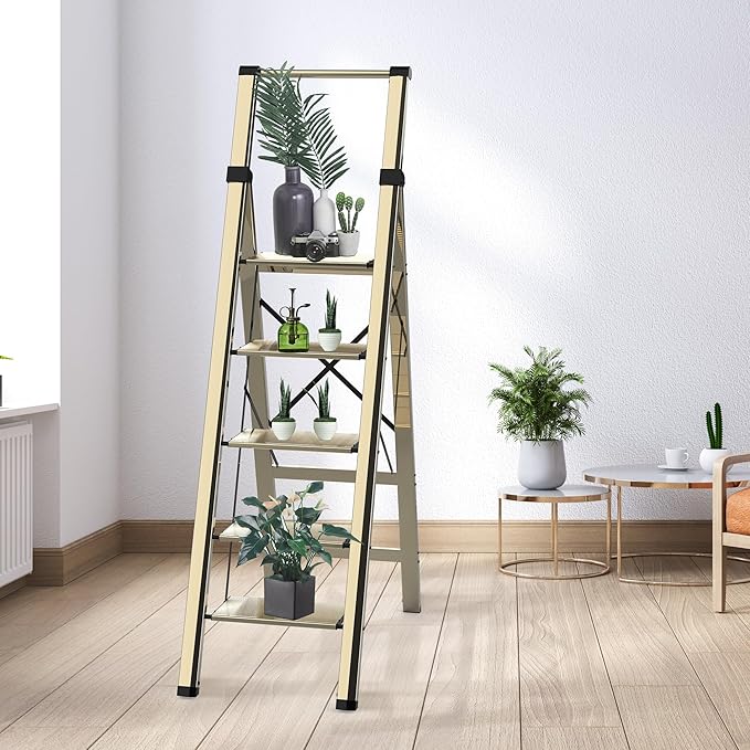 5 Step Ladder Adult Portable Folding Step Stool, Folding Aluminum Step Ladder with Double Padded Treads, Step Ladder with Handle for Home, Kitchen, Outdoor, 330 lb - Champagne Gold