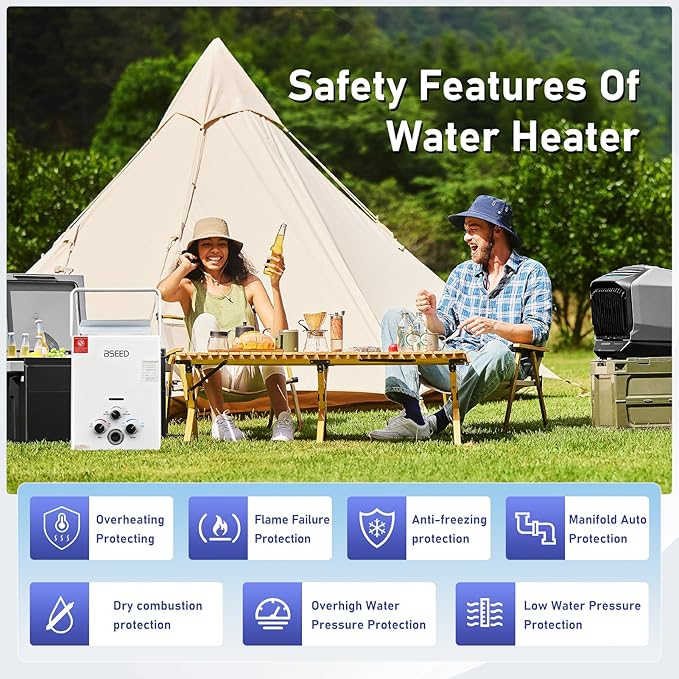 BSEED Propane Water Heater Tankless, 41,000 BTU, 1.58GPM 6L Outdoor Propane Gas Water Heater with Digital Display and Multi-Protection for Camping, RV, Boat, Cabins, White