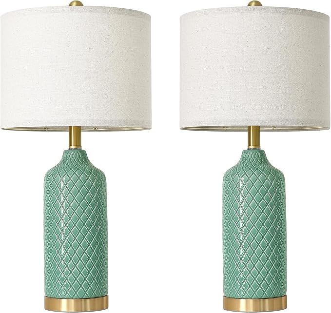 G-SAFAVA24.25 Modern Ceramic Green Table Lamps Set of 2 for Living Room, Farmhouse, Bedside, Bedroom, Side & End Tables Nightstand Light Home Office Desk Lamps Gifts