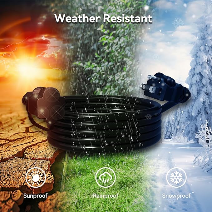 K KASONIC - 40 FT Halloween Lights Outdoor Extension Cord 1 to 3 Splitter, 3 Prong Outlets Plugs, 16AWG/3C SJTW Weatherproof Wire for Holiday Decoration Light, ETL Listed, Black