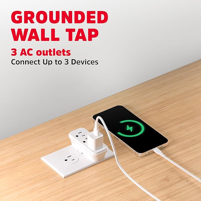 Energizer 3 Device Multi Plug Wall Outlet Extender - 3 AC Power Outlets Grounded Power Strip Expander Plug in Adapter
