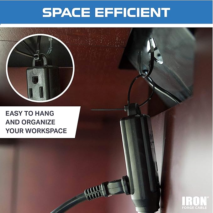 Iron Forge Cable 2 Pack 25 ft Flat Plug Black Extension Cord with 3 Outlets - 16/3 SJTW 3 Prong Indoor Extension Cord with Multiple Outlets