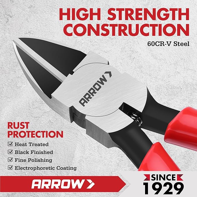 ARROW 6" Precision Wire Cutters - Spring Loaded Side Cutters, Ultra-Sharp Flush Cut Pliers, Diagonal Cutting Pliers with Non-Slip Handle for Jewelry Making, Crafts, Electronics, Zip Ties, DIY Models