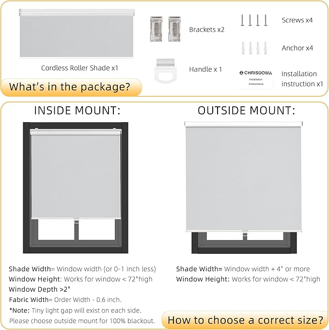 ChrisDowa Cordless Blackout Roller Shades for Windows, Thermal Insulated UV Protection Pull Down Shades, Total Blackout Window Blinds for Home, Office, Bedroom, Door (67" W x 72" H, Grey)