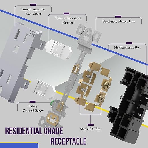 ENERLITES, Silver Elite Series Decorator Receptacle Outlet Child Safe Tamper-Resistant, Self-Grounding, 2-Pole, Residential Grade, 15A 125V, UL Listed, 61501-TR-SV