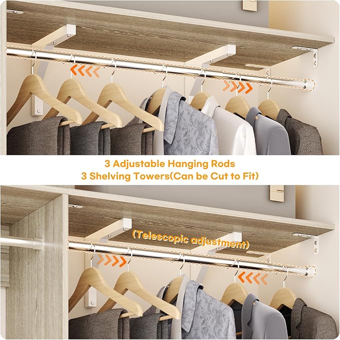 Cyclysio 96 Inch Closet Organizers and Storage, 8 FT Hanging Closet Organizer with 4 Adjustable Rods, Wardrobe Organizers with 3 Shelving Towers for 4-8FT Spaces(Cut-to-Fit), Oak