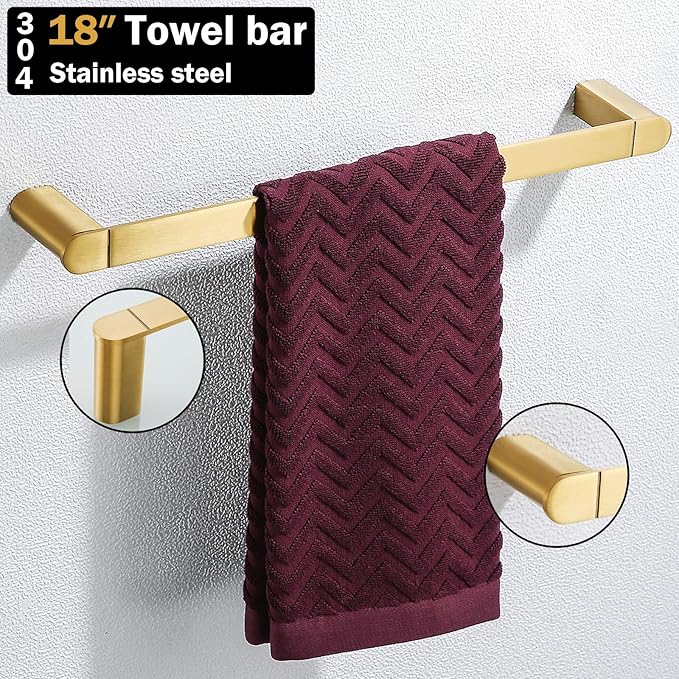 RANDOM Brushed Gold Towel Bar Rack Holder Rod 18 inch Hand Towel Holder for Bathroom Kitchen Hardware Accessories Wall Mount Contemporary Hotel Style 96026-2-18BG