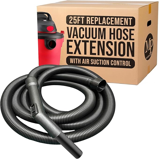 MP Maresh Products Vacuum Cleaner Replacement Hose - Vacuum Hose Extension for Wet Dry Vacuums, Heavy Duty Crushproof Industrial Grade 25 Foot by 1-1/4 Inch Air Suction Control Connector - Black