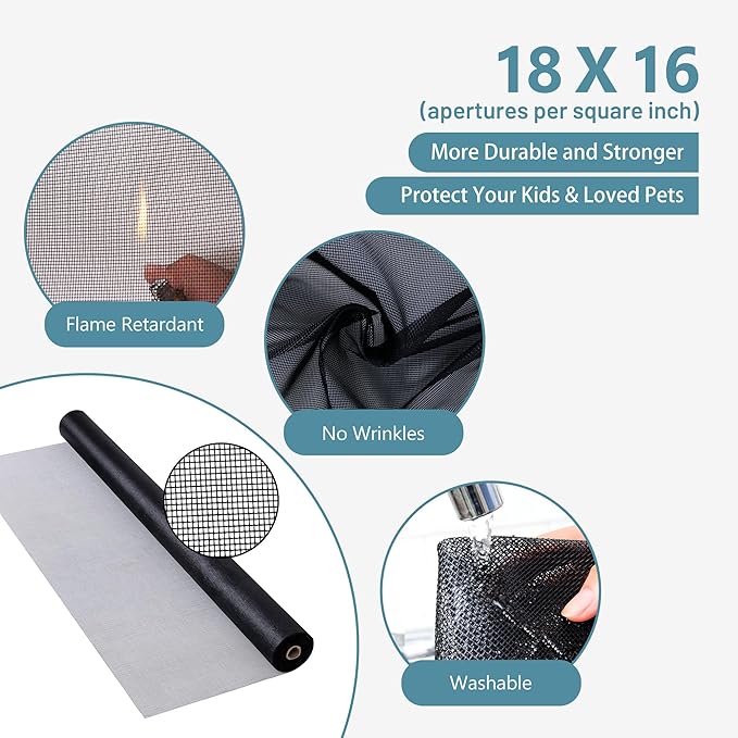 Pet Screen Replacement Door Repair Kit 36'' x 25' Thicken Charcoal Fiberglass Pet Screen Mesh Scratch- Against for Families with Cat or Dog Suitable for Windows, Doors and Porches