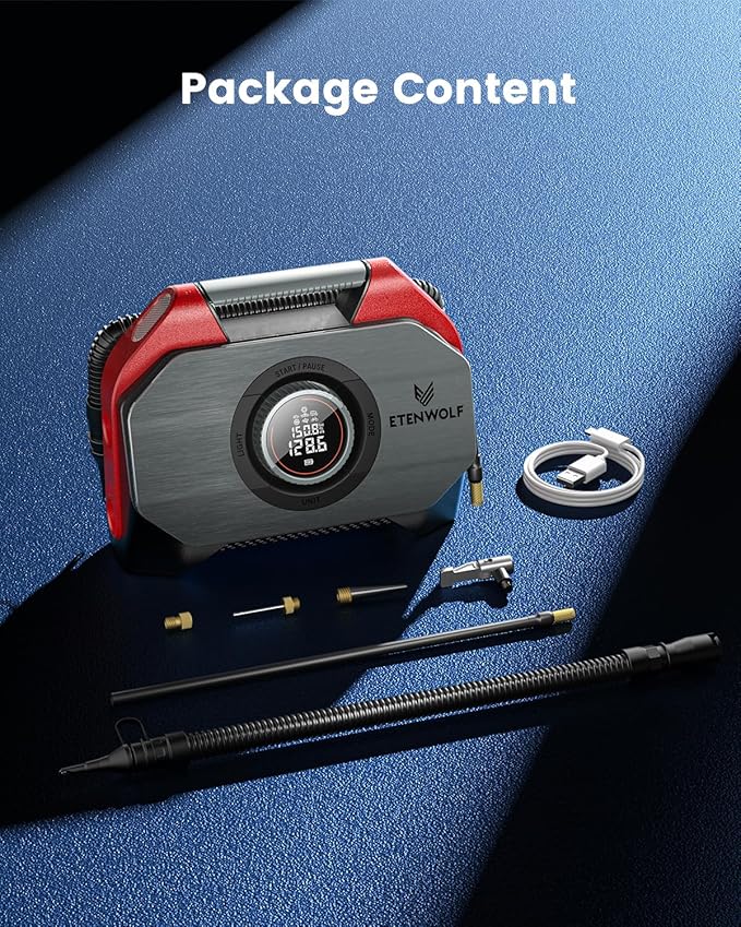 ETENWOLF Vortex S6SE Cordless Tire Inflator Portable Air Compressor, 160 PSI Air Pump for Car Tires with 15600 mAh Battery, 100% Duty Cycle & Dual Cylinder, Air Pump for Heavy-Duty Vehicle, Red