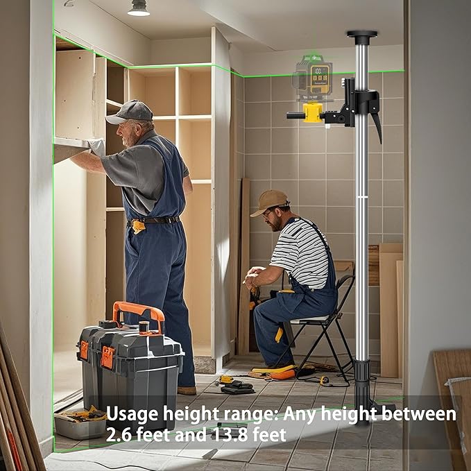 4.2m/13.77ft Multi-Function Laser Level Pole with 1/4" & 5/8" Threads - Upgraded Universal Mount for 360° Rotation & Front-Back Adjustment