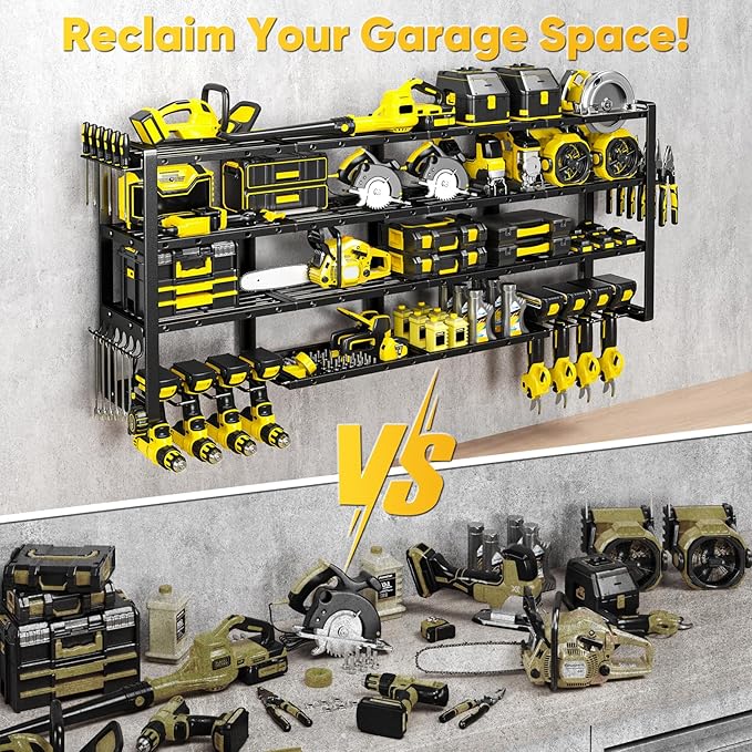 64”W Power Tool Organizer Wall Mount, Heavy Duty 8-Drill Cordless Drill Holder Supports 800 lbs, 4-Layer Corner or Straight Assembly Large Tool Battery Storage Rack for Garage Workshop