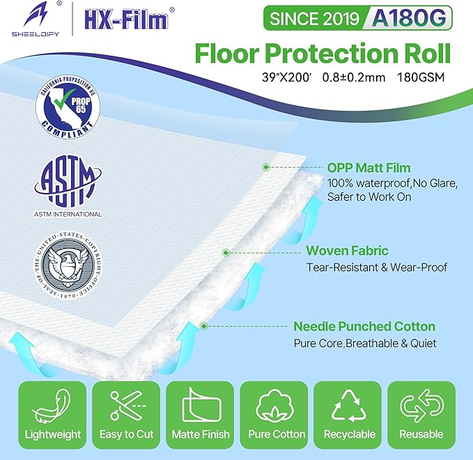 39" x 200' Heavy-Duty Floor Protection | Construction Grade Carpet Protector | Drop Cloth Plastic Film for Hardwood Floors | Waterproof Painters Covering with No Residue (Green)