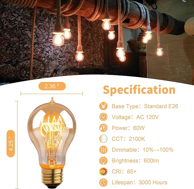 Warm Incandescent Light Bulbs 60 Watt,A19/A60 Vintage Style Edison Bulbs E26,Soft Yellow Light Bulbs,Amber Bulbs,Retro Light Bulb Old Fashioned,Halogen Dimmable Edison Bulb Squirrel Cage 12 Pack